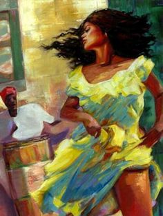 a painting of a woman in a yellow dress sitting on a chair with her hair blowing in the wind