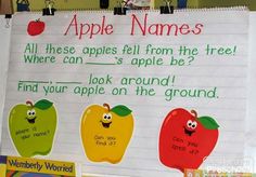 a bulletin board with apple names on it