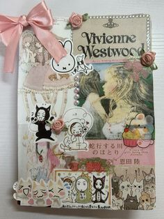 a book with many stickers on it and a pink ribbon around the page that says viviene westwood