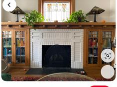 the fireplace is decorated with plants and books