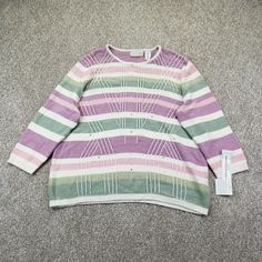 NEW Alfred Dunner Plus 2X Womens Knit Sweater 3/4 Sleeve Striped White Purple Pink Green Stones. Condition is New with tags. Shipped Standard. See Photos With Measurements White 3/4 Sleeve Winter Sweater, Cotton Sweater With 3/4 Sleeve For Fall, Cotton Sweater With 3/4 Sleeves For Spring, Womens Knit Sweater, Green Stones, Alfred Dunner, Pullover Sweater Women, Knitting Women, Knitted Pullover Sweaters