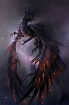 a black dragon flying through the air with its wings spread out and eyes wide open