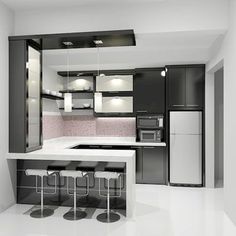 a modern kitchen with black and white cabinets, bar stools, and an island