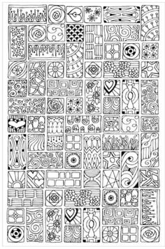 a black and white coloring book page with lots of different designs on it, including squares