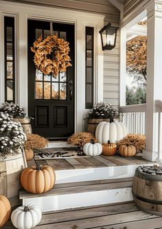 front porch decorated for fall with pumpkins and gourds