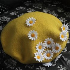 Retro Daisy Beret Hat on Storenvy Trendy Spring Flat Cap, Trendy Flat Cap Hats For Spring, Yellow Spring Cap Hat, Yellow Spring Hat, Yellow Spring Beanie Hat, Yellow Spring Cap, Yellow Beanie Hat For Spring, Spring Adjustable Beret With Curved Brim, Yellow Beanie For Spring