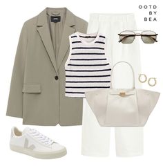 Statement Clothing Pieces, Olive Blazer, Check Vest, Stylish Spring Outfit, Simple Spring Outfits, Striped Vest, Casual Work Outfits Women, Casual Ootd, Chic Sunglasses