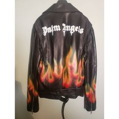 Palm Angels Burning Perfecto Leather Bomber Jacket Sz M Motorcycle $3590 Black Crafted Of Leather, This Palm Angels Leather Notch-Lapel Jacket Features The Brand's Signature Burning Flames Print. A Belt Accent And The Waist And Zip-Front Closure Complete This Moto Style. * Notch Lapels * Long Sleeves * Zip-Front Closure * Chest Zip Pocket * Side Zip Pockets * 100% Leather * Do Not Wash * Imported Condition Notes: This Jacket Is Brand New With Tags Never Won. There Is A Line Through The Designer Angel Man, Lapel Jacket, Designer Name, Moto Style, Black Denim Jacket, Jacket Brands, Palm Angels, Dodge Charger, Black Logo