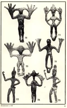 an old black and white photo shows different types of figurines in various poses