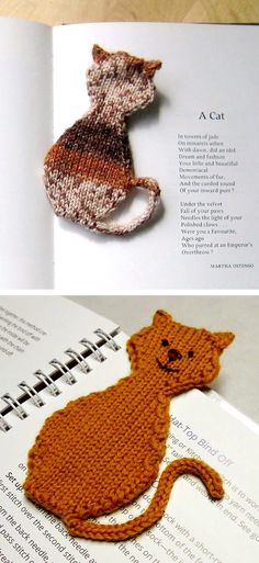 an open book with crocheted pictures of cats and kittens on it's pages