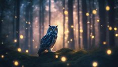 an owl sitting on top of a moss covered field with fireflies in the background