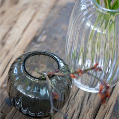 a glass vase sitting on top of a wooden table next to a small flower pot