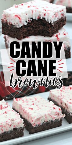 chocolate brownies with white frosting and candy cane toppings are stacked on top of each other