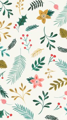 a floral pattern with leaves and berries on a white background for wallpaper or fabric