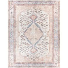 an antique rug with pink and blue accents