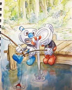 a drawing of an animal fishing in the water with another animal nearby on a dock