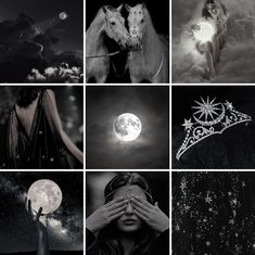 black and white collage with stars, moon, horse, woman holding her head