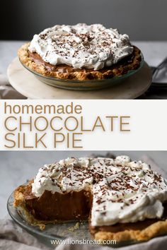 homemade chocolate silk pie with whipped cream on top and the same pie as it is