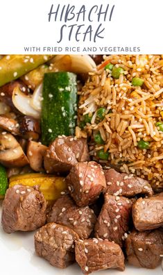 a white plate topped with meat and veggies covered in sesame seed rice next to broccoli