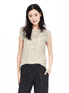 Geo Lace Ruffle Top | Banana Republic Chic Sleeveless Top With Lace Collar, Chic Sleeveless Lace Top With Ruffles, Lace Tops For Summer Workwear, Summer Lace Top With Ruffled Collar, Summer Lace Top With Lace Trim For Work, Lace Top With Lace Trim For Summer Workwear, Top Banana, Eyelet Top, Wardrobe Ideas