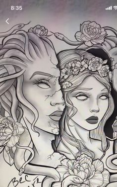 a drawing of two women with flowers in their hair