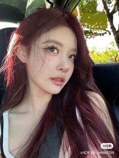 Korean Burgundy Hair, Red Hair Color Asian, Red Hair For Neutral Skin Tone, Dark Red Hair Pale Skin, Scarlet Red Hair, Red Hair No Bleach, Alternative Hair Dye, Red Hair Pale Skin, Red Hair Makeup