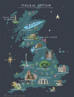 an illustrated map of the uk with all its major cities and their names on it