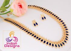 Nagapadam mala Long Necklace in one gram gold plating. This necklace has 60 nagapadam and available in green, red and blue colors. Necklace comes with matching pair of earrings. Nagapadam Mala, Long Haram Designs, Indian Long Necklace, Haram Designs, South Indian Style, Necklace Traditional, Long Haram, Diamond Wedding Jewelry, Temple Jewelry