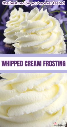 whipped cream frosting on top of cupcakes with purple flowers in the background