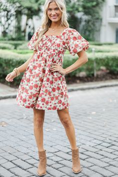 This babydoll dress is so precious and we love print! This floral dress is going to look fabulous for any nice event! This dress will style beautifully with your favorite heels or booties! Square neckline Short bubble sleeves Babydoll cut Pockets Floral print No stretch Baileigh is wearing the small. Red Floral Print Puff Sleeve Dress, Red Puff Sleeve Dress For Garden Party, Red Puff Sleeve Dress For Day Out, Cute Red Puff Sleeve Dresses, Cute Red Dress For Garden Party, Red Floral Print Mini Dress, Red Mini Dress For Garden Party, Red Feminine Floral Dress For Garden Party, Red Rose Print Dress For Spring