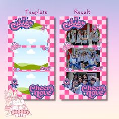 a pink and white checkered photo frame with photos