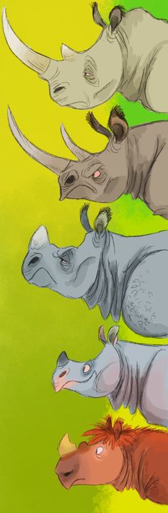 four rhinos are standing in a row on a green and yellow background