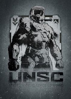 an iron man poster with the words unsc in black and white, on a dark background