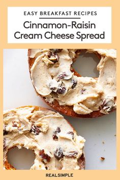 two bagels covered in cream cheese and nuts on top of a white plate with text overlay