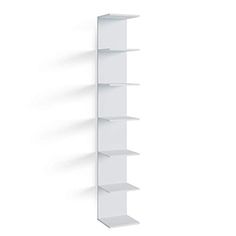 a white book shelf with five shelves on each side and one in the middle, against a