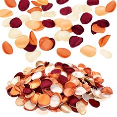 a pile of red and white beans falling into the air