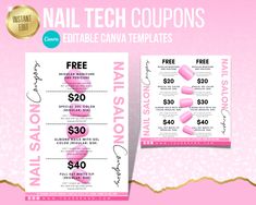 two coupons for nail tech coupons, one with pink and white nails on it