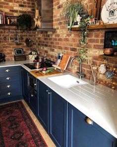 a kitchen with brick walls and blue cabinets is pictured in this image, there are plants on the shelves above the sink