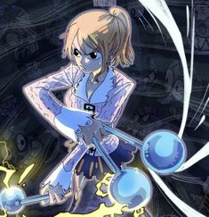 an anime character holding two blue balls in her hands