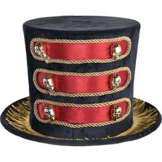 a black top hat with red ribbon and gold trimmings on the sides,