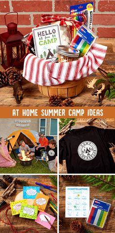 a collage of photos with the words at home summer camp ideas