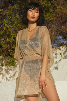 Gold Swim Cover - Sheer Gold Swim Cover - Kaftan Swim Cover-Up - Lulus Metallic Swimwear For Vacation During Beach Season, Metallic Shimmer Swimwear For Beach, Elegant Gold Swimwear For Summer, Chic Gold Swimwear For Summer, Chic Gold Swimwear For The Beach, V-neck Beach Season Party Cover-up, Metallic Summer Swimwear For Vacation, Metallic Swimwear For Vacation Beach Season, Gold Summer Evening Swimwear