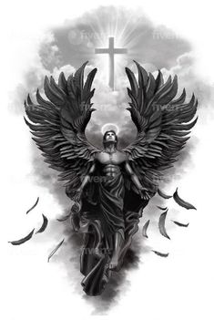 a black and white drawing of an angel with a cross on it's back