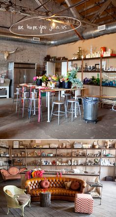 the inside and outside of a building with chairs, tables and other items on display