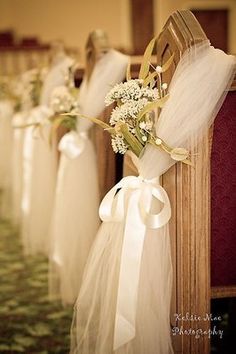 a row of chairs with white sashes and flowers tied to the back of them