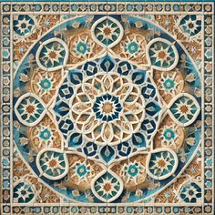 an intricately designed tile in blue and gold