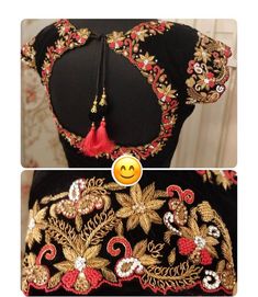 What better color to show off gold maggam designs than the darkest of them all-black-? This beautiful contrasting zari & thread work blouse will look quite fetching for evening looks. The cap sleeves further add a more ladylike vibe to this piece. This blouse can be made in any other color of your choice. Disclaimer - Actual colors may vary slightly due to computer monitors displaying settings. We try hard to match exact color. For sizes 42+ we charge extra $20 for fabric and workmanship. Pl Zardosi Embroidery Blouse, Aari Work Blouse Designs, Thread Work Blouse, Maggam Designs, Maggam Blouse, Zardosi Embroidery, Wedding Saree Blouse Designs, Cutwork Blouse Designs, Sari Blouse Designs