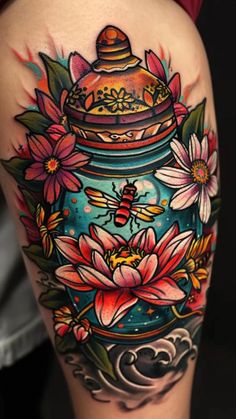 a woman's thigh with flowers and a jar on the side that has a bee in it