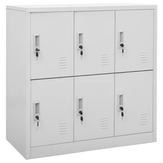 a white locker with four doors and two locks on the front, one door open