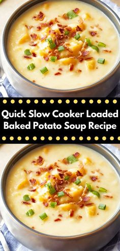 two bowls filled with baked potato soup on top of a blue and white cloth next to a